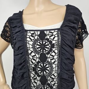 Free People Blouse Black Elastic Waist  Embroidered Lace XS  Boho Cottagecore